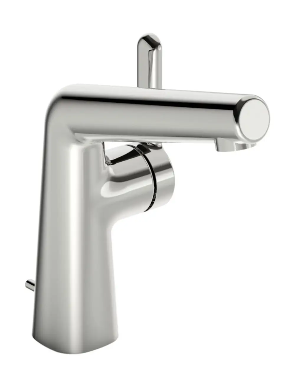Einhebelmischer in Chrom-Finish mit gerader Auslaufhöhe, hergestellt von HANSA. Zugstangenablaufgarnitur ist integriert. Eignet sich für moderne Waschtischanlagen.